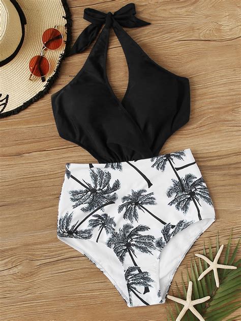 Tropical Print Wrap Halter One Piece Swimsuit In Swimsuits