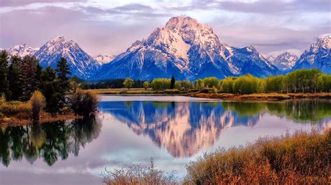 Beautiful Landscape View Of Snow Covered Mountains And River Between