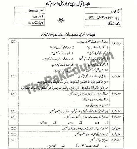 Islamic Studies Elective Code No 437 Spring 2018 Aiou Old Papers