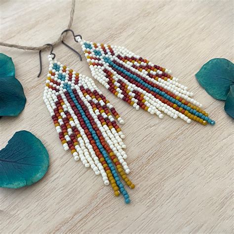 Light Fall Feather Seed Bead Fringe Earrings Etsy In Seed Bead