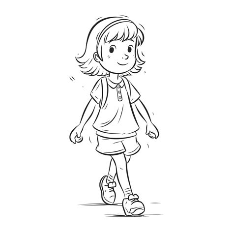 Girl Walking Vector Coloring Page Isolated On White With Black