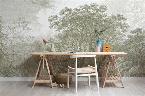 Green Forest Etching Wallpaper Minimal Design Muralswallpaper