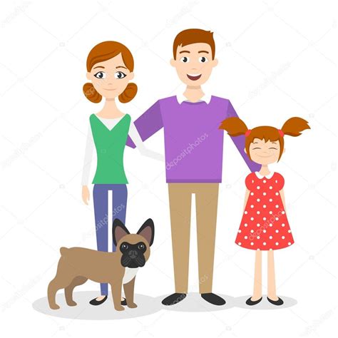 Retrato Familiar Mamá Papá Hija Y Familia Perro Bulldog