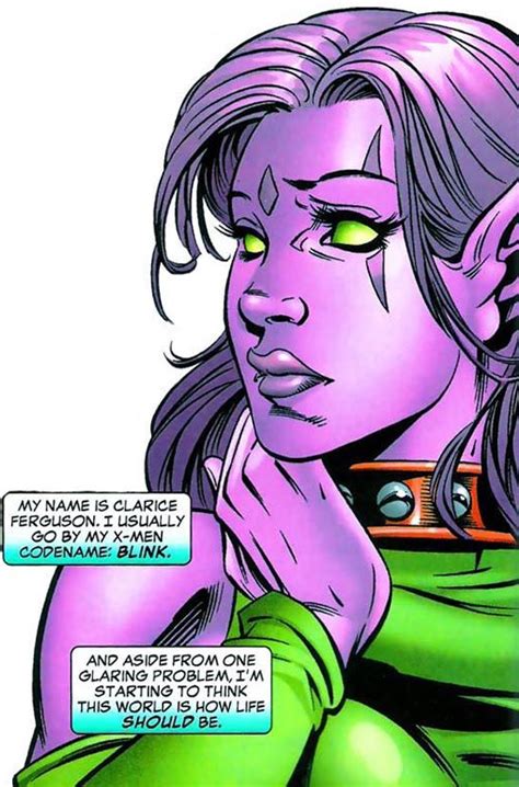 A Comic Character With Green Eyes And Purple Hair Looking At Something