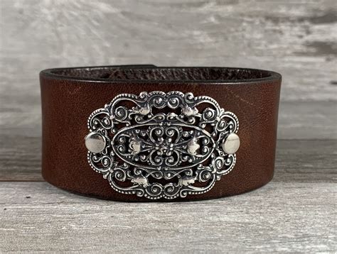 Brown Leather Cuff Bracelet Recycled Repurposed Belt Silver