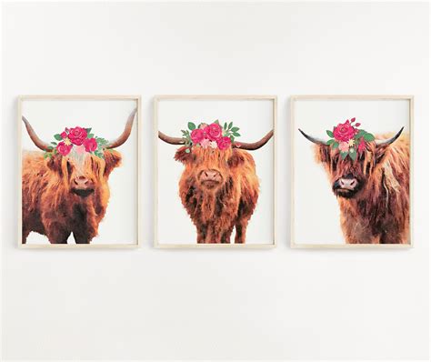 Highland Cow Wall Art Set Of 3 Prints Boho Nursery Wall Art Etsy