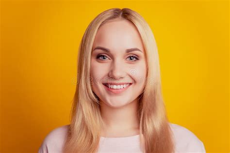 Portrait Of Charming Lady Look Camera Toothy Beaming Smile On Yellow Background Stock Image