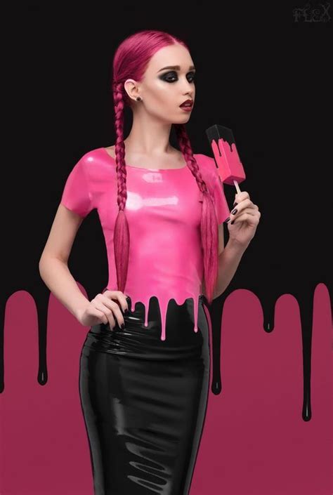 Short Sleeved Latex Dress With Pink Bodice And Black Skirt Paint Drip