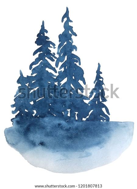 Watercolor Indigo Blue Silhouettes Pine Trees Stock Illustration