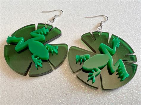 Frog On Lily Pad Earrings Laser Cut Acrylic Green Frogs Etsy