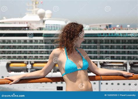 Brunette Woman Standing On Cruise Liner Deck Stock Image Image Of