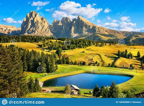Lake And Mountains Alpe Di Siusi Or Seiser Alm Dolomites Alps Italy