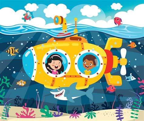 Submarino De Dibujos Animados Bajo El Mar Vector Premium