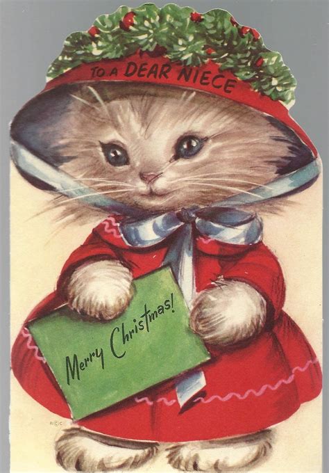 Vintage Rust Craft Kitten Cat In Red Coat And Mistletoe Hat Christmas
