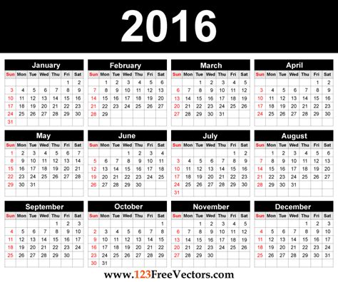 Printable 2016 Calendar Template Free Vectors Yearly Calendar 2016