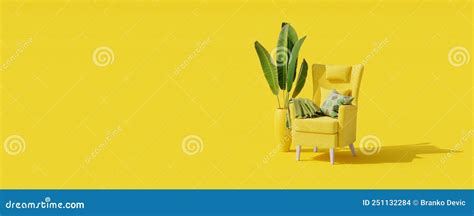 Creative Interior Design On Yellow Background With Yellow Armchair And