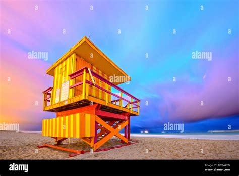 South Beach, Miami, Florida, USA lifeguard post at twilight Stock Photo