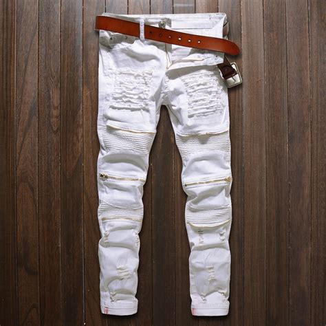 Buy Skinny Jeans Men White Ripped Knee Zipper Fashion