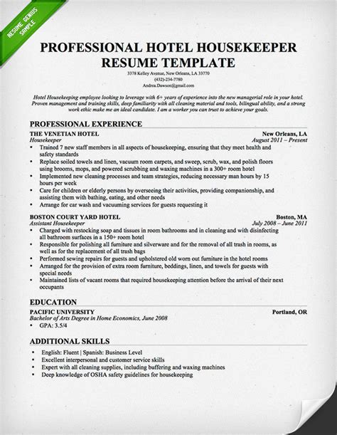 Residential house cleaner resume example + salaries, writing tips and information. Entry-Level Hotel Housekeeper Resume Sample | Resume Genius