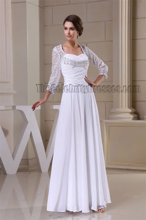 Floor Length White Long Sleeve Prom Gown Evneing Formal Dress