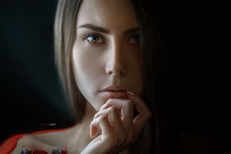 Portrait Women Model Face Alexander Drobkov Finger On Lips Closeup Brunette Wallpaper