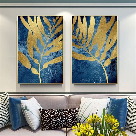 Blue Gold Leaf Set Of Pieces Abstract Painting On Canvas Etsy