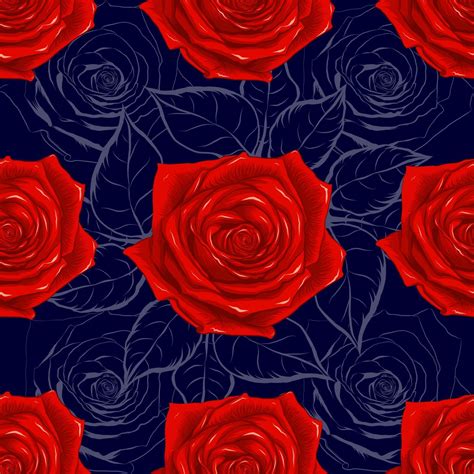 Seamless Pattern Beautiful Red Rose Flowers On Abstract Dark Bllue