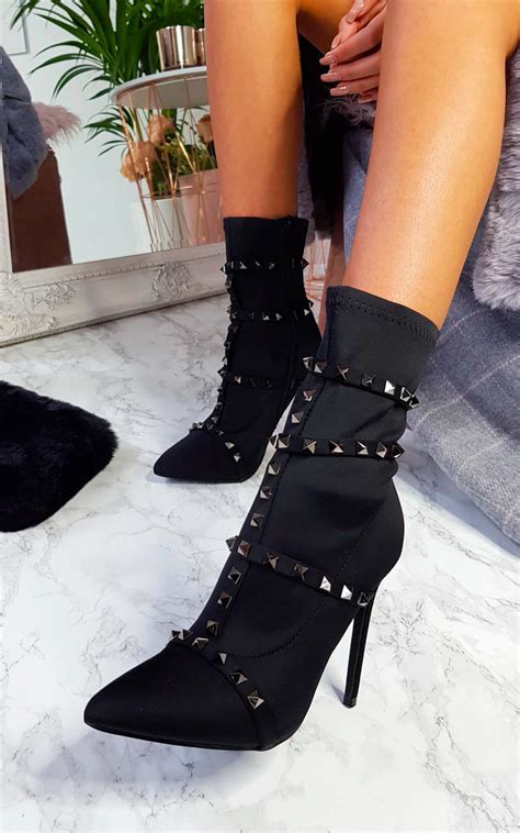 Gia Studded Lycra Heeled Boots In Black Ikrush