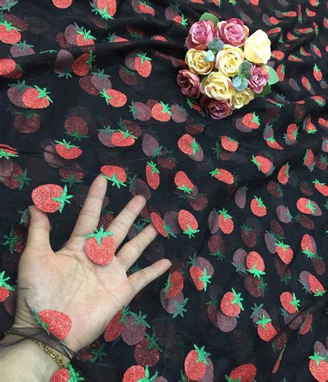 Sweet Strawberry Lace Fabric Glitter Sequin Strawberry Tulle Fabric