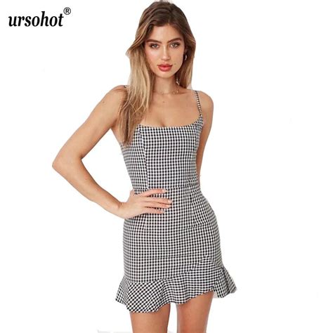 Aliexpress Com Buy Ursohot Spaghetti Strap Plaid Summer Dress Women