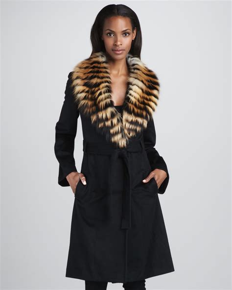 Lyst Sofia Cashmere Feathered Fox Furtrim Coat In Black