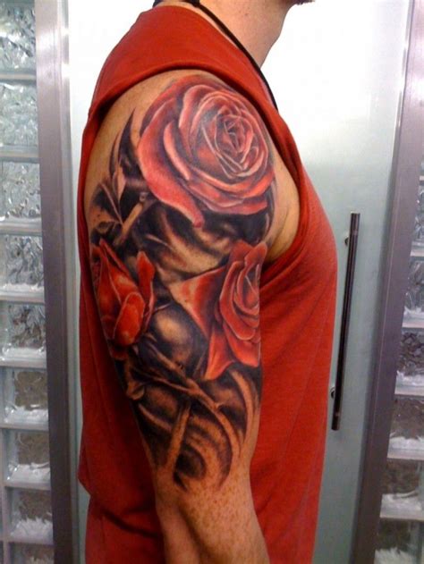 Sleeve rose tattoos for guys. Realistic red rose flowers tattoo for men on upper arm - Tattooimages ... | Rose Arm Tattoos For ...