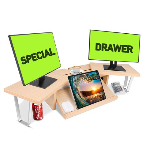 JYPS Dual Monitor Stand Riser With Drawer Adjustable Wood Monitor