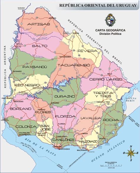 Mapa De Uruguay Con Departamentos Y Carretero En Colores