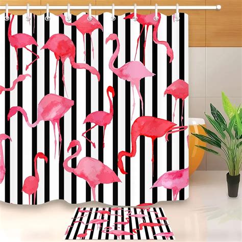 Splashy Stripes: Monochrome Watercolor Shower Curtain with Flamingo