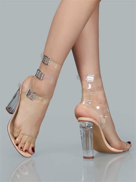 Clear Double Strap Chunk Heel Sandals Nude Shein Sheinside