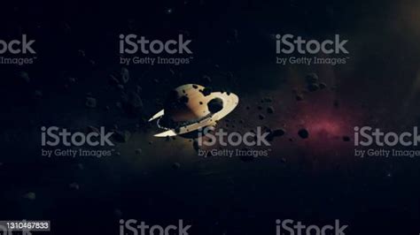 Planet Saturn In Outer Space City Located Along The Rings Of Saturn The