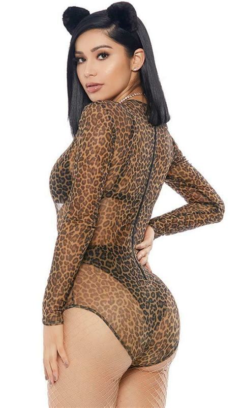 Leopard Print Bodysuit Long Sleeves Zipper Closure Sheer Mesh Layering 118701 Jumpsuits And Rompers
