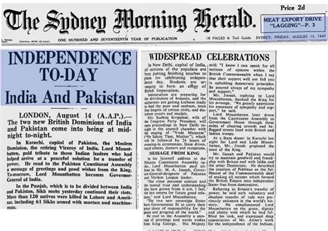 independenceday 64 cuttings from australian newspaper smh on 15 august 1947