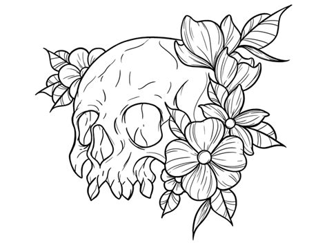 New School Skull With Flowers Tattoo Design Tattoo Design Drawings