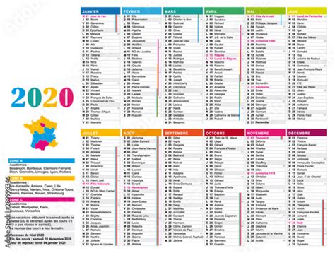 Calendrier 2020 Multicolore En Français Avec Jours Fériés Vacances