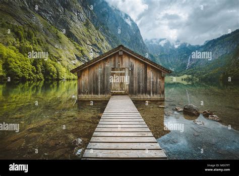 Panoramic View Traditional Old Wooden Boat House At Scenic Lake Obersee