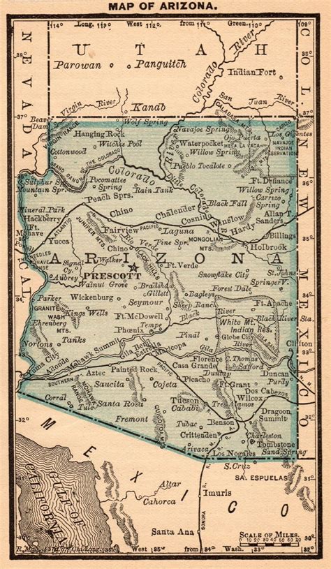 1888 Antique Arizona State Map Vintage Map Of Arizona Rare Etsy