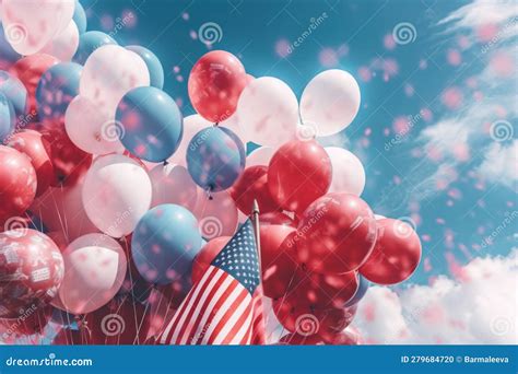American Flag Balloons And Confetti On The Blue Sky Independence Day