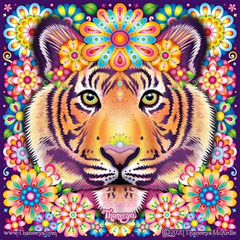 Colorful Tiger Art Psychedelic Rainbow Flowers Tiger Illustration By