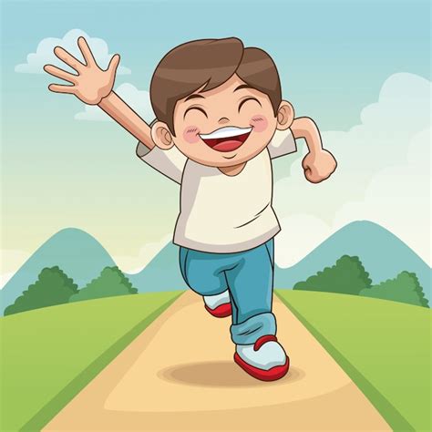 Feliz Día De Los Niños Niño De Dibujos Animados Con Paisaje Camino