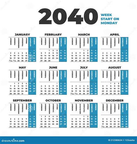 2040 Calendar Template With Weeks Start On Monday Stock Vector