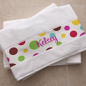 Slightly smaller than standard sizing. Personalized Cotton Bath Towels - Polka Dot Design