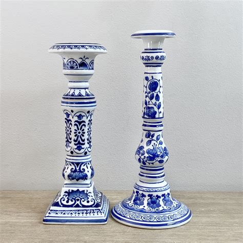 Blue White Ceramic Pillar Candle Holders Chinese Chinoiserie Candlesticks