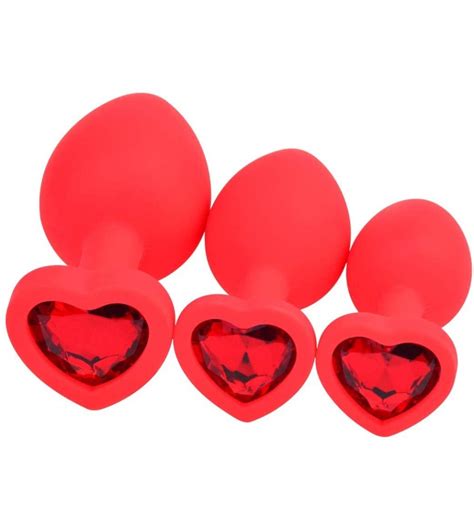 3 Pcs 3 Size Silicone Jeweled Anal Butt Plugs Anal Trainer Toys Red Heart Red Heart